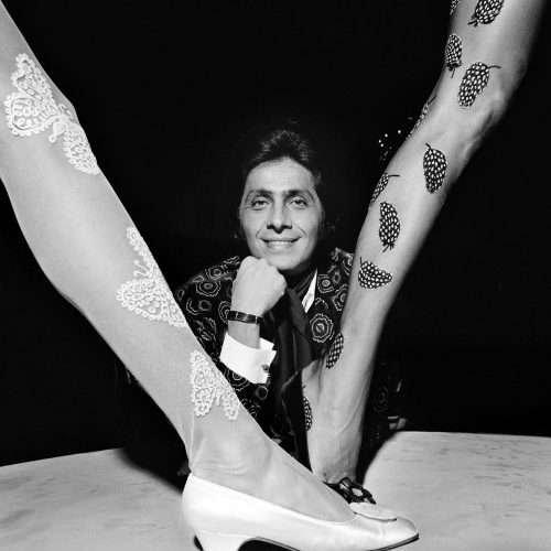 Italian fashion designer Valentino, photographed at the Savoy Hotel in London with his new designs for tights on 6th November 1968. (Photo by Lichfield Archive via Getty Images).